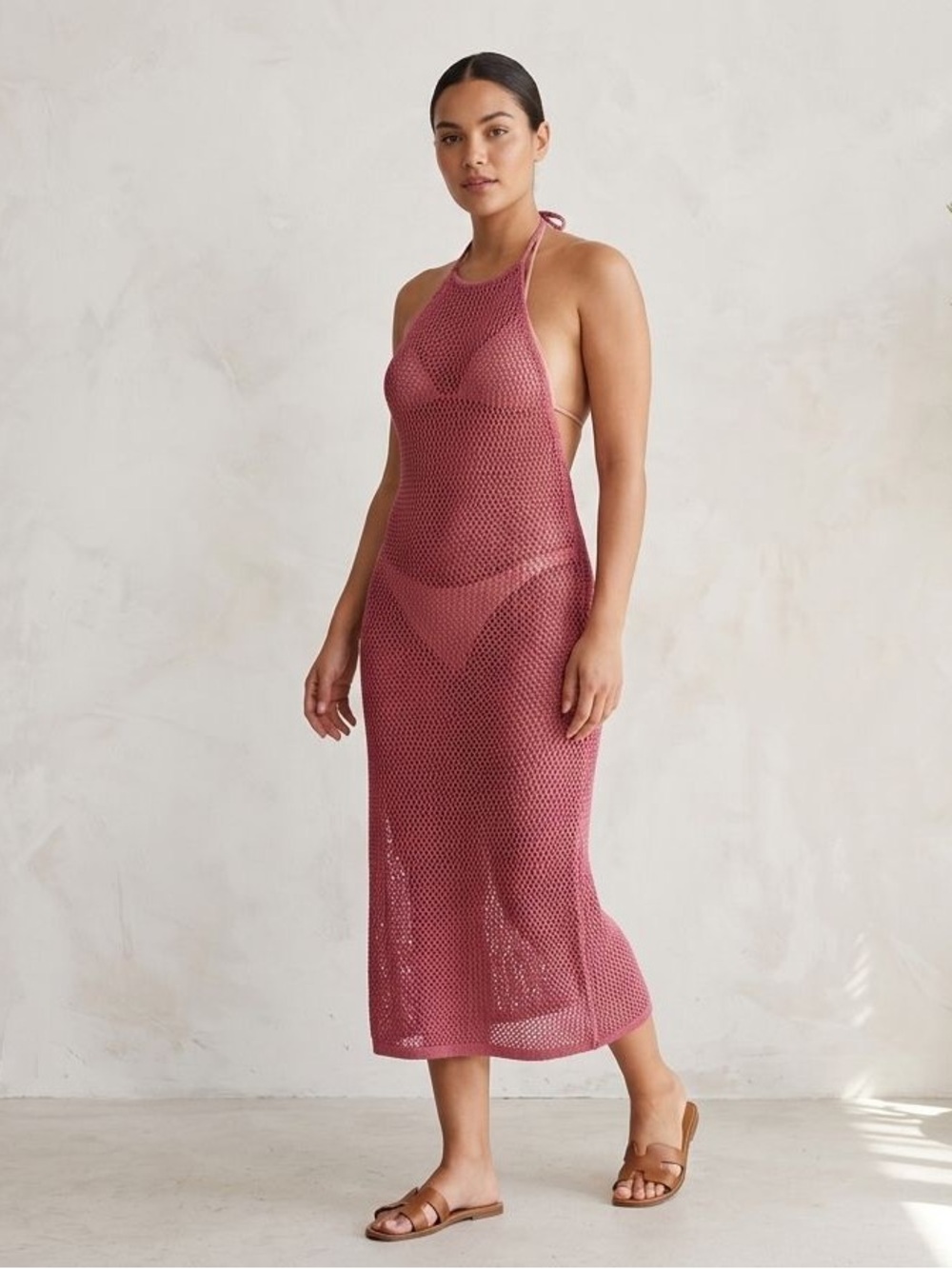 cult gaia Rose Pink Crochet Halter Dress